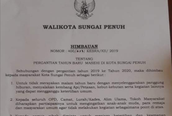 Himbauan Walikota Sungai Penuh Jelang Peringatan Tahun Baru
