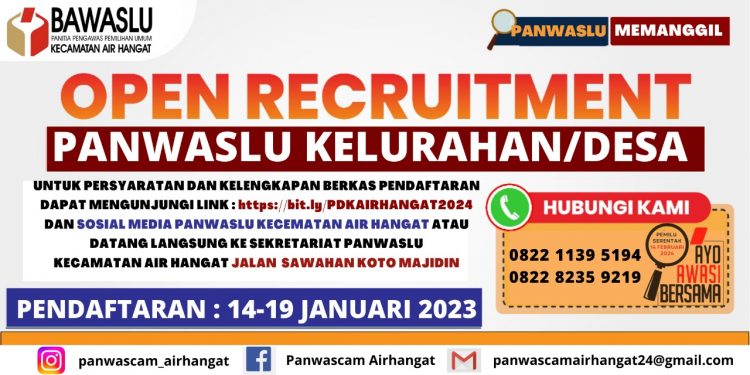 Panwaslu Kecamatan Air Hangat Resmi Buka Pendaftaran Untuk Pengawas Desa, Cek Syarat dan Jadwalnya