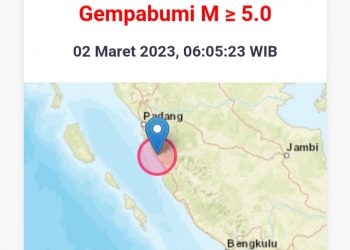 Gempa Pagi Ini di Pesisir Selatan Padang Terasa di Kerinci dan Sungai Penuh