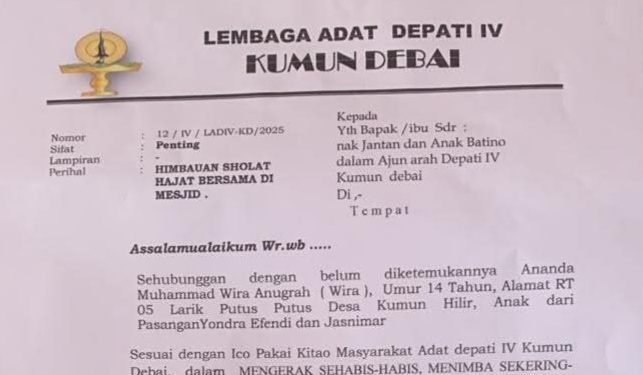 Wira Belum Ditemukan, Lembaga Adat Kumun Debai Keluarkan Seruan Doa Bersama