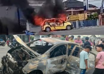 Pemilik Baru Keluar dari ATM, Mobil Agya Kuning Ludes Terbakar di Depan BRI Semurup