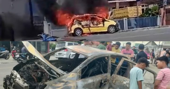 Pemilik Baru Keluar dari ATM, Mobil Agya Kuning Ludes Terbakar di Depan BRI Semurup